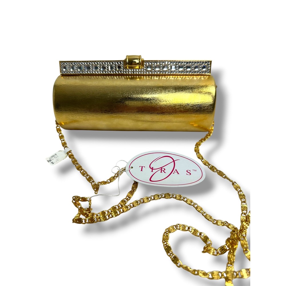 J. Tiras Clutch Bag Womens Small Gold New Rhinestone Bar Cylinder Evening Purse